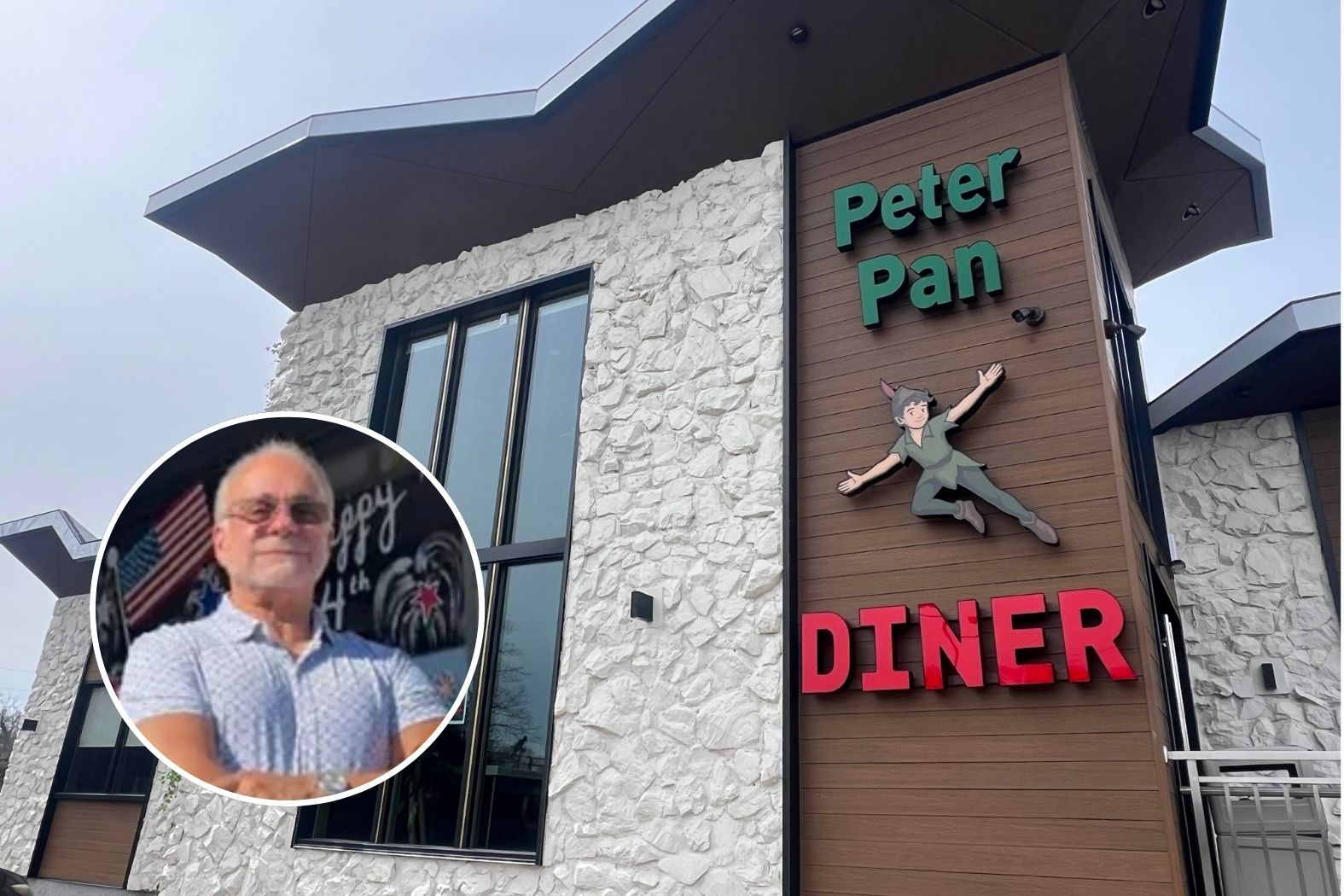 Exterior of Peter Pan Diner Bay Shore with new signage featuring Peter Lentzeres’ grandson George.