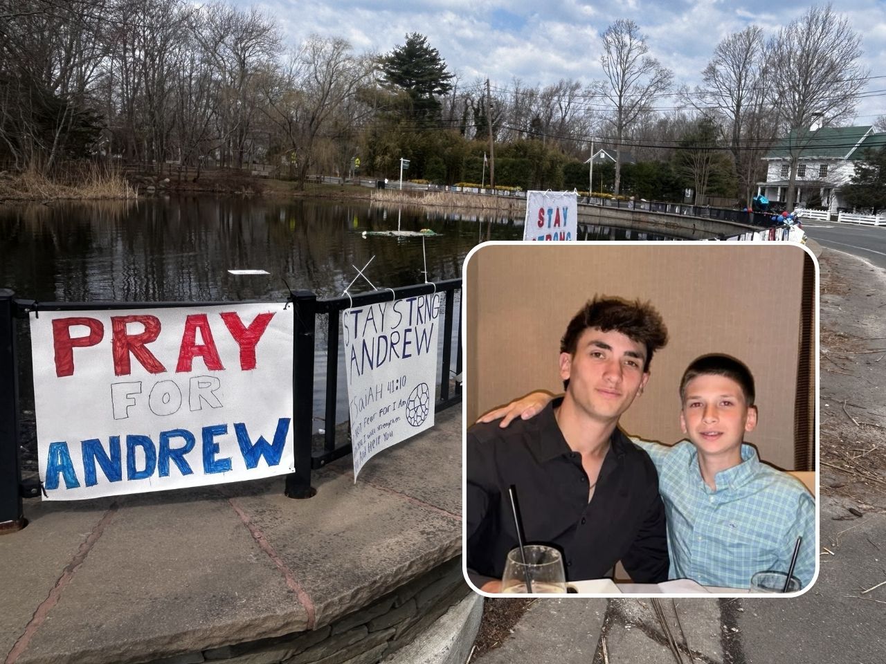 Andrew Salgado (right) with his older brother Joseph Salgado, and Duck Pond in Miller Place, where community members have created a memorial with soccer jerseys and handwritten letters. (Instagram/@joe.salgado24; Brian Harmon photo) and Duck Pond in Miller Place.
