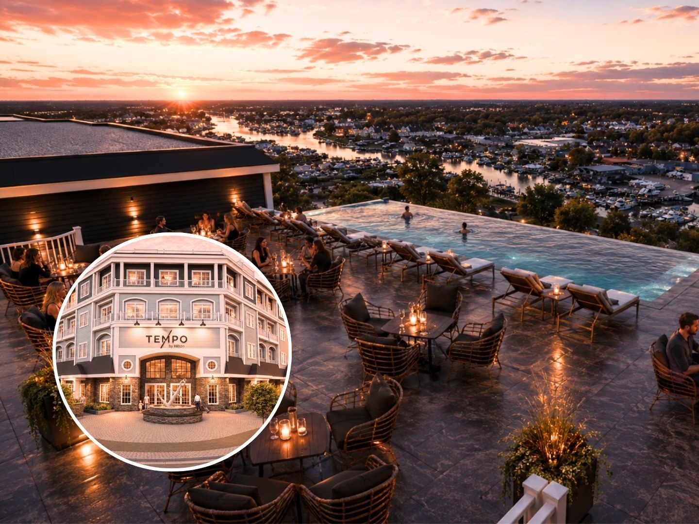 Artist renderings of the rooftop pool and front of hotel.